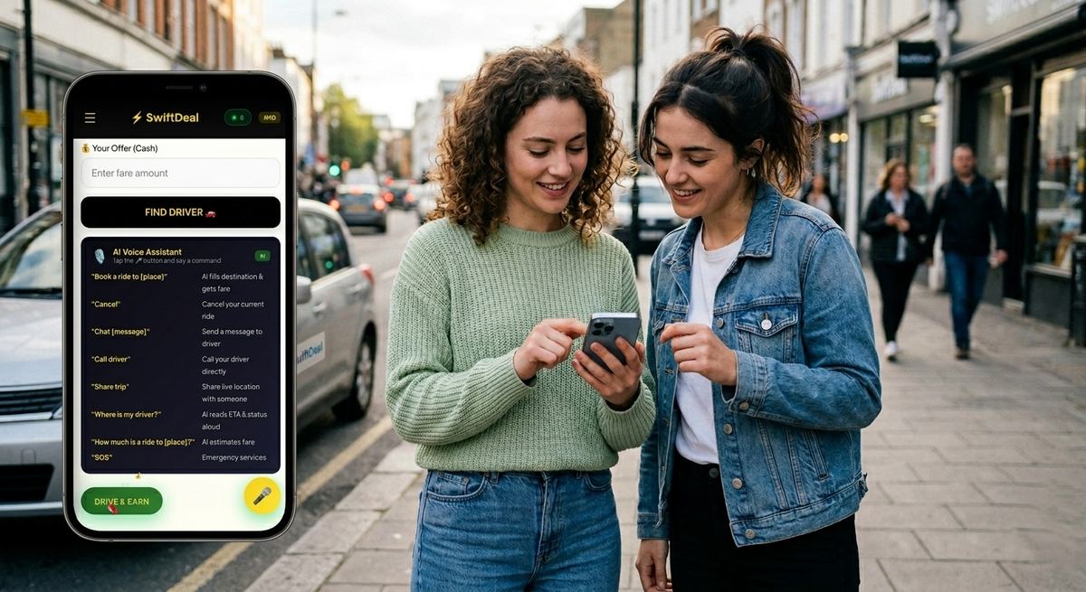 Two friends booking a ride on SwiftDeal from a city street