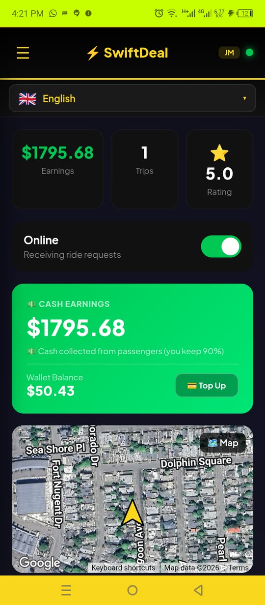 SwiftDeal driver dashboard showing cash earnings, trips, rating and wallet