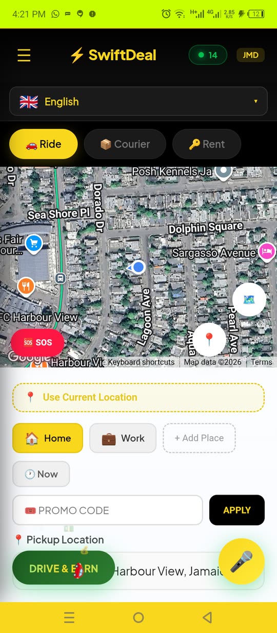 SwiftDeal passenger app showing ride booking with map and saved places